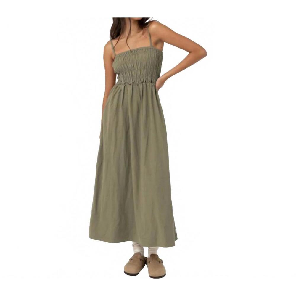 NEW RHYTHM. classic shirred midi dress in olive